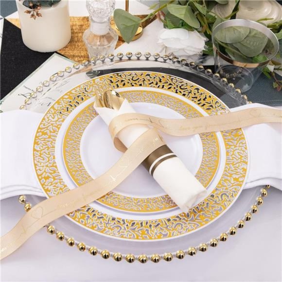 350 Pieces Gold Plastic Dinnerware,Disposable Gold Lace Plates - Picture 4 of 7
